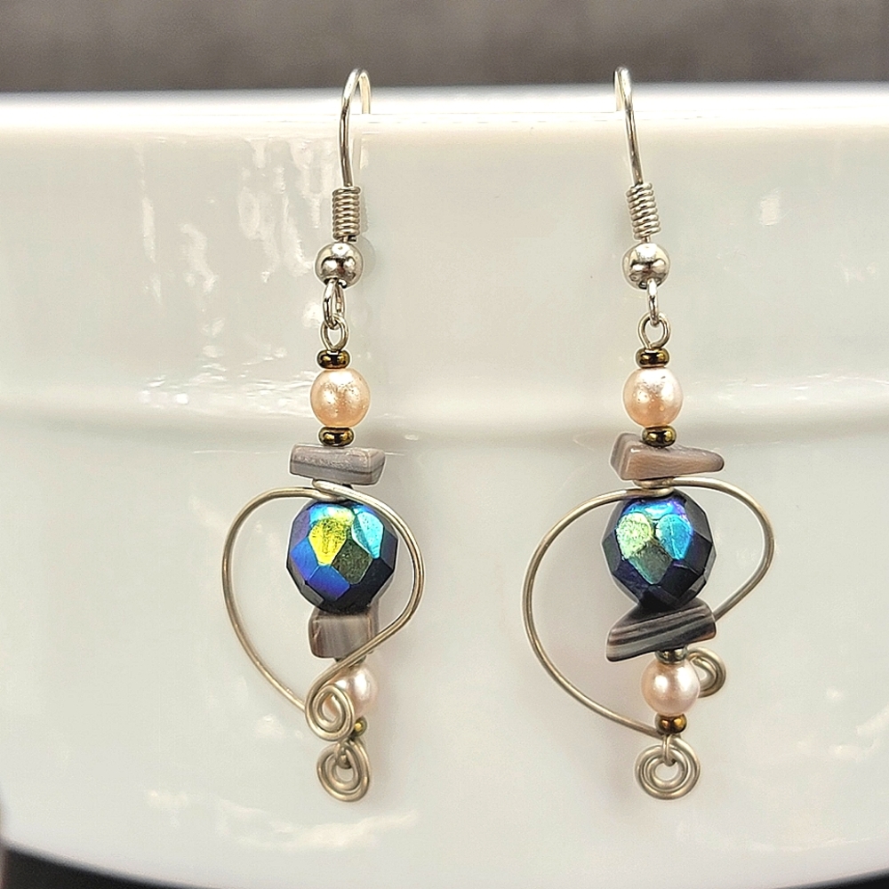 Handmade Wire wrapped Earrings Iridescent Bead Pearl and Stone